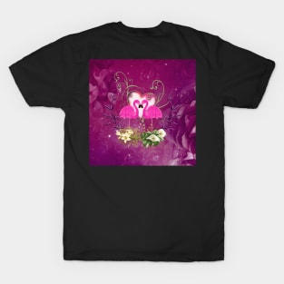 Flamingo in love, heart and flowers T-Shirt